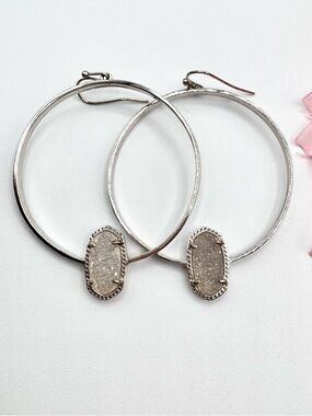Kendra Scott Elora Hoop Earrings Iridescent Drusy Druzy Silver Tone Signed